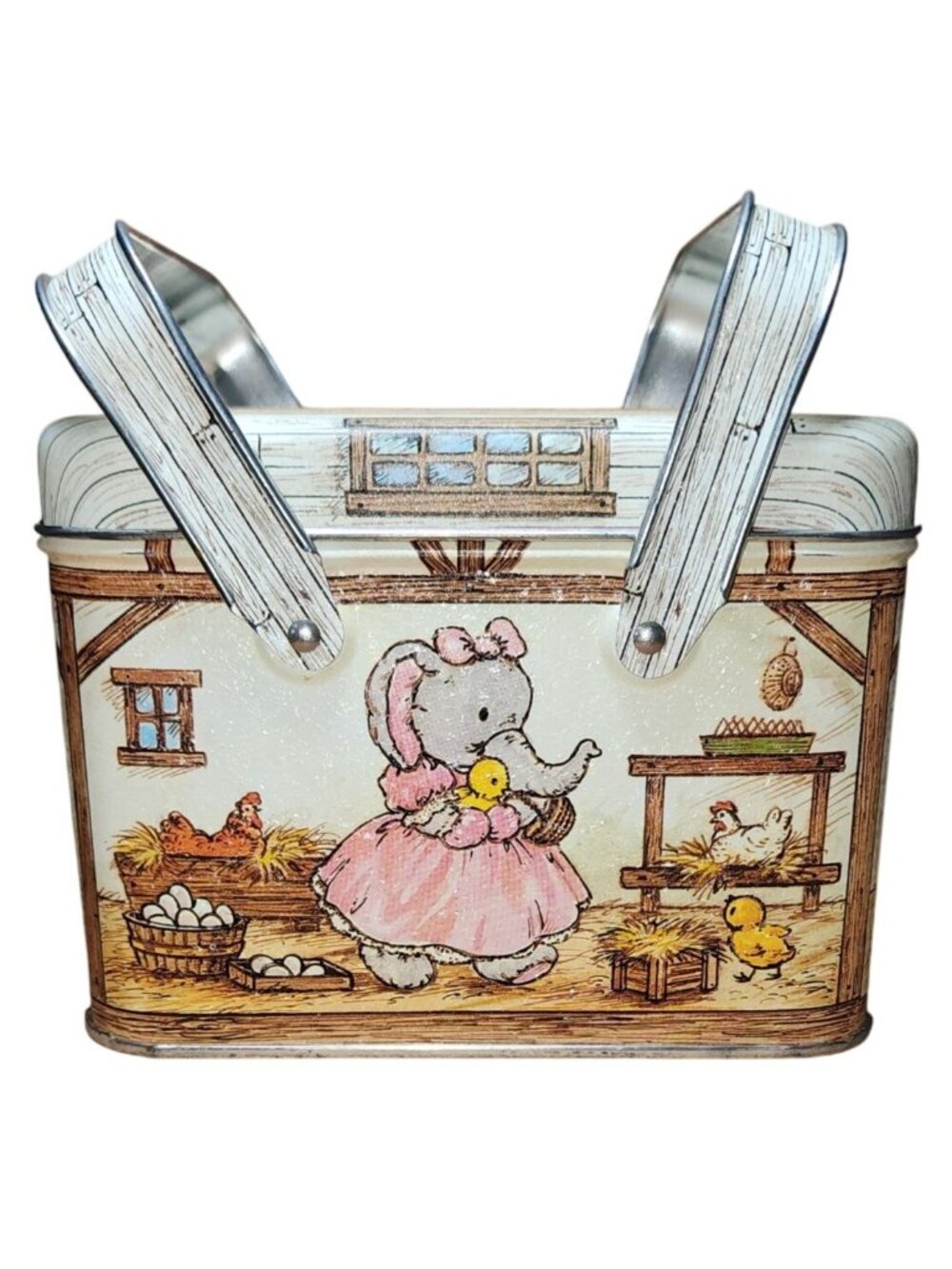 Vintage Potpourri Press? Cute Bunny Elephant Farm Tin Box with Handles Easter